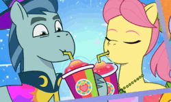 Size: 408x243 | Tagged: safe, screencap, posey bloom, rufus, earth pony, pony, g5, my little pony: tell your tale, sunny's smoothie moves, spoiler:g5, spoiler:my little pony: tell your tale, spoiler:tyts01e47, animated, drinking, drinking straw, duo, female, male, mare, offscreen character, posey catches a break, smoothie, stallion