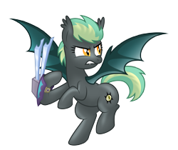 Size: 3810x3200 | Tagged: safe, artist:aleximusprime, oc, oc only, oc:noctura, bat pony, fanfic:my little sister is a dragon, bat pony oc, blades, flying, gauntlet, gritted teeth, high res, ready to fight, simple background, slit pupils, solo, spread wings, teeth, transparent background, weapon, wings