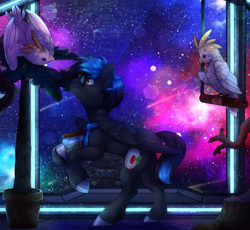 Size: 1600x1472 | Tagged: safe, artist:dereketto, oc, oc:mysterious star, bird, cockatoo, pegasus, pony, pegasus oc, space, standing, standing on two hooves