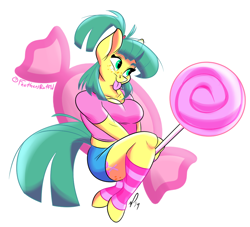 Size: 1030x935 | Tagged: safe, artist:feathers-ruffled, oc, oc only, oc:stocking pop, earth pony, anthro, unguligrade anthro, breasts, butt freckles, candy, chest freckles, cleavage, clothes, dock, female, food, freckles, leg warmers, lollipop, mare, midriff, shirt, shorts, simple background, smiling, solo, striped leg warmers, striped legwear, tail, tongue out, white background