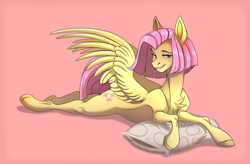 Size: 2367x1556 | Tagged: safe, artist:1an1, fluttershy, pegasus, pony, g4, alternate hairstyle, blushing, chest fluff, eyebrows, eyelashes, lidded eyes, looking at you, lying down, pegasus wings, pillow, prone, short mane, smiling, solo, sploot, spread wings, wings