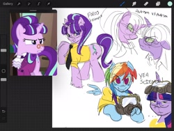 Size: 2048x1536 | Tagged: safe, artist:darkzombiez, rainbow dash, snowfall frost, starlight glimmer, twilight sparkle, pegasus, pony, unicorn, a hearth's warming tail, g4, breaking bad, clothes, crossover, glasses, goggles, sketch, smiling