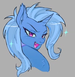 Size: 1338x1376 | Tagged: safe, artist:darkzombiez, trixie, pony, unicorn, g4, bust, chest fluff, ear fluff, open mouth, sharp teeth, simple background, smiling, solo, teeth