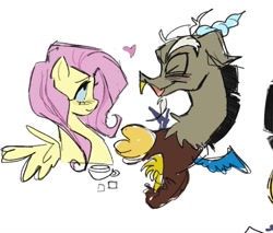 Size: 1216x1035 | Tagged: safe, artist:darkzombiez, discord, fluttershy, draconequus, pegasus, pony, g4, bust, cup, cute, discute, duo, duo male and female, eyes closed, female, heart, male, simple background, sketch, smiling, spread wings, tea party, teacup, white background, wings
