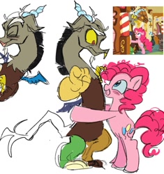 Size: 1283x1367 | Tagged: safe, artist:darkzombiez, discord, pinkie pie, draconequus, earth pony, pony, g4, make new friends but keep discord, cute, discute, hug, personal space invasion, scene interpretation, screencap reference, simple background, standing, standing on two hooves, sugarcube corner, white background