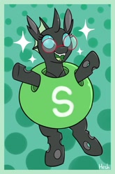 Size: 1362x2064 | Tagged: safe, artist:heretichesh, oc, oc only, oc:yvette (evan555alpha), changeling, candy, candy costume, changeling oc, clothes, costume, cute, cuteling, female, food, food costume, glasses, green changeling, ocbetes, round glasses, skittles, solo, sparkles