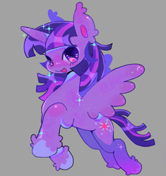 Size: 739x785 | Tagged: safe, artist:chalkdraws, twilight sparkle, alicorn, pony, g4, ear fluff, simple background, smiling, solo, sparkles, spread wings, twilight sparkle (alicorn), unshorn fetlocks, wings