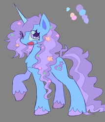 Size: 840x980 | Tagged: safe, artist:chalkdraws, izzy moonbow, pony, unicorn, g5, alternate design, cute, female, gray background, izzybetes, mare, open mouth, open smile, raised hoof, redesign, simple background, smiling, solo, stars, unshorn fetlocks