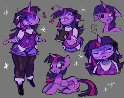 Size: 1000x788 | Tagged: safe, artist:chalkdraws, twilight sparkle, alicorn, pony, unicorn, anthro, g4, anthro with ponies, book, clothes, ear piercing, floppy ears, frown, glasses, gray background, heart, lying down, panties, piercing, simple background, smiling, socks, thigh highs, thong, twilight sparkle (alicorn), underwear