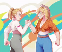 Size: 2048x1730 | Tagged: safe, artist:applesartt, applejack, human, g4, adora, clothes, confident, cool, denim, duo, female, front knot midriff, handshake, humanized, jeans, midriff, muscles, muscular female, pants, she-ra, she-ra and the princesses of power, smiling, sparkles