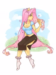 Size: 1536x2048 | Tagged: safe, artist:mikashiyaa, fluttershy, human, g4, breasts, busty fluttershy, cleavage, clothes, eared humanization, female, flower, flower in hair, humanized, lidded eyes, long hair, midriff, pony coloring, shirt, side slit, simple background, skirt, socks, solo, total sideslit, turned head, white background