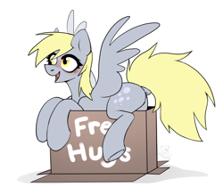 Size: 1932x1620 | Tagged: safe, artist:rtootb, derpy hooves, pegasus, pony, g4, blushing, box, butt, cute, digital art, dock, female, fluffy tail, free hugs, full body, gray, gray fur, happy, looking down, looking up, mare, open mouth, open smile, plot, pony in a box, simple background, sitting, sketch, smiling, solo, spread wings, tail, white background, wings, yellow eyes, yellow mane, yellow tail
