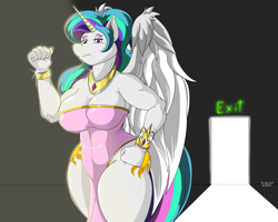 Size: 1000x800 | Tagged: safe, artist:quicktron, princess celestia, alicorn, anthro, g4, big breasts, both cutie marks, bracelet, breasts, busty princess celestia, celestia is not amused, cleavage, clothes, curvy, doorway, dress, exit, female, hand on hip, hourglass figure, jewelry, looking at you, muscles, muscular female, necklace, pointing, pointing behind, princess musclestia, side slit, solo, strapless, strapless dress, thighs, thunder thighs, total sideslit, unamused