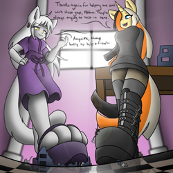 Size: 2000x2000 | Tagged: safe, anonymous artist, color edit, edit, oc, oc:golden age, oc:mithra, anthro, boots, breasts, clothes, colored, crush fetish, crushing, dialogue, dress, female, fetish, giant anthro, giantess, high res, low angle, macro, micro, paws, sandals, shoes