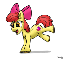 Size: 2068x1894 | Tagged: safe, artist:darkyboode32, apple bloom, earth pony, pony, g4, bow, comments locked down, female, filly, foal, graveyard of comments, handstand, happy, legs in air, open mouth, open smile, shadow, simple background, smiling, solo, upside down, white background