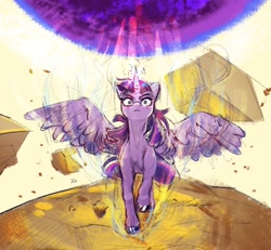 Size: 1854x1711 | Tagged: safe, artist:applephil, twilight sparkle, alicorn, pony, g4, female, frown, imminent death, looking at you, magic, mare, solo, spread wings, twilight sparkle (alicorn), wings