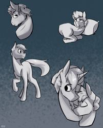 Size: 1147x1424 | Tagged: safe, artist:triplesevens, oc, oc only, earth pony, pony, unicorn, bust, earth pony oc, gradient background, horn, looking at you, male, one eye open, pillow, sleeping, stallion, unicorn oc
