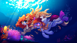 Size: 3840x2160 | Tagged: safe, artist:confetticakez, oc, oc only, bat pony, fish, hybrid, merpony, monster pony, octopony, original species, pegasus, pony, blue eyes, bubble, colored sketch, commission, coral, crepuscular rays, digital art, diving, duo, ear fluff, eyelashes, fangs, female, flippers, flowing mane, high res, hybrid oc, mare, ocean, open mouth, open smile, orange mane, purple eyes, seaweed, smiling, sunlight, swimming, underwater, unshorn fetlocks, water, wings