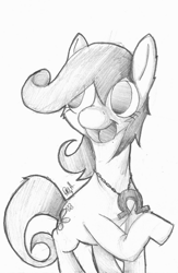 Size: 1078x1650 | Tagged: safe, artist:deathnugget-afro, oc, oc only, unnamed oc, earth pony, pony, earth pony oc, female, grayscale, jewelry, mare, monochrome, necklace, no pupils, old art, open mouth, open smile, pencil drawing, raised hoof, smiling, solo, traditional art