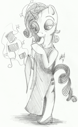 Size: 980x1594 | Tagged: safe, artist:deathnugget-afro, rarity, unicorn, semi-anthro, g4, arm hooves, clothes, dress, grayscale, high heels, lidded eyes, magic, monochrome, old art, pencil drawing, sewing needle, shoes, simple background, solo, spool, telekinesis, thread, traditional art, white background