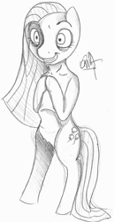 Size: 598x1160 | Tagged: safe, artist:deathnugget-afro, pinkie pie, earth pony, semi-anthro, g4, arm hooves, creepy, creepy grin, grayscale, grin, hooves together, monochrome, old art, pencil drawing, pinkamena diane pie, smiling, solo, traditional art