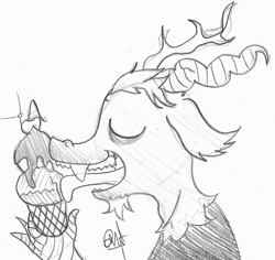 Size: 487x460 | Tagged: safe, artist:deathnugget-afro, discord, draconequus, g4, 2012, eyes closed, food, grayscale, ice cream, ice cream cone, licking, monochrome, old art, pencil drawing, profile, requested art, solo, tongue out, traditional art, turnip