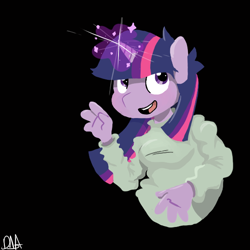 Size: 576x576 | Tagged: safe, artist:deathnugget-afro, twilight sparkle, unicorn, anthro, g4, 2012, black background, clothes, female, old art, open mouth, open smile, simple background, smiling, solo, unicorn twilight