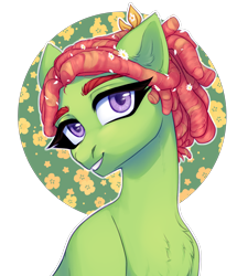 Size: 2576x2996 | Tagged: safe, artist:nika-rain, tree hugger, earth pony, pony, g4, accessory, big eyes, bust, chamomile, chest fluff, clothes, colored eyebrows, colored pupils, cute, dreadlocks, ear fluff, eyebrows, eyebrows visible through hair, eyelashes, eyes open, fanart, female, floppy ears, flower, flower in hair, fluffy, gritted teeth, happy, headscarf, high res, long mane, mare, patterned background, petals, ponytail, portrait, scarf, simple background, sketch, smiling, solo, teeth, thick eyebrows, three quarter view, transparent background, two toned mane