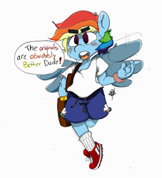 Size: 1024x1128 | Tagged: safe, artist:deathnugget-afro, rainbow dash, pegasus, anthro, g4, bag, clothes, eyebrows, eyebrows visible through hair, old art, shirt, shoes, shorts, shoulder bag, simple background, solo, speech bubble, sweatband, t-shirt, thick eyebrows, white background