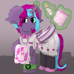 Size: 3000x3000 | Tagged: safe, artist:spiroudada, oc, oc only, oc:cloud twist, alicorn, bat pony, bat pony alicorn, pony, adult foal, baby bottle, bat wings, bow, clothes, cute, diaper, diaper fetish, dress, female, fetish, high res, horn, magic, maid, mare, non-baby in diaper, pink, simple background, solo, towel, watch, wings