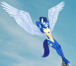 Size: 5736x5000 | Tagged: safe, artist:fluffyorbiter, soarin', anthro, unguligrade anthro, g4, abs, arm behind head, clothes, design, flying, goggles, grin, lightning, male, sky background, smiling, smoke, smoke trail, solo, spread wings, uniform, wings, wonderbolts uniform