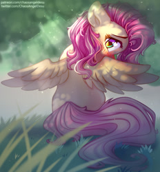 Size: 1000x1079 | Tagged: safe, artist:chaosangeldesu, fluttershy, pegasus, pony, g4, cute, grass, hiding, rear view, shyabetes, solo, spread wings, wings
