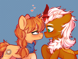 Size: 2500x1910 | Tagged: safe, artist:shelti, oc, oc only, oc:morning latte, oc:verdant pyre, kirin, pony, unicorn, clothes, colored pupils, commission, duo, heart, heart eyes, high res, horn, kirin oc, looking at each other, looking at someone, scarf, signature, standing, unicorn oc, wingding eyes