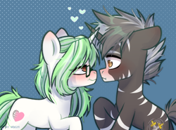 Size: 2496x1850 | Tagged: safe, artist:shelti, oc, oc only, pony, unicorn, abstract background, blushing, colored pupils, commission, duo, duo male and female, female, frown, glasses, heart, heart eyes, high res, horn, horns are touching, lidded eyes, looking at each other, looking at someone, male, mare, raised hoof, shipping, shocked, signature, smiling, stallion, standing, straight, stripes, unicorn oc, wingding eyes