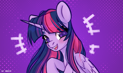 Size: 2500x1476 | Tagged: safe, artist:shelti, twilight sparkle, alicorn, pony, g4, colored pupils, cute, emanata, female, folded wings, looking at you, mare, open mouth, open smile, raised hoof, signature, smiling, smiling at you, solo, starry eyes, twiabetes, twilight sparkle (alicorn), wingding eyes, wings