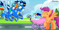 Size: 1980x1020 | Tagged: safe, artist:mlplary6, rainbow dash, scootaloo, soarin', oc, oc:blue skies, oc:speedy dash, pegasus, pony, aunt, auntie scootaloo, baby, baby carrier, baby pony, babysitting, clothes, colt, eyes closed, female, filly, flying, foal, happy, husband and wife, male, mare, momma dash, offspring, older, older scootaloo, parent:rainbow dash, parent:soarin', parents:soarindash, pegasus oc, ship:soarindash, shipping, siblings, sisters, smiling, stallion, straight, twins, uniform, wonderbolts headquarters, wonderbolts uniform