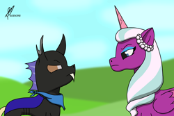 Size: 1500x1000 | Tagged: safe, artist:alejandrogmj, opaline arcana, oc, oc:alejandrogmj, alicorn, changeling, pony, g5, spoiler:g5, changeling oc, clothes, looking at each other, looking at someone, scarf