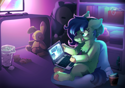 Size: 7016x4961 | Tagged: safe, artist:cutepencilcase, oc, oc only, oc:gray hat, earth pony, pony, book, chest fluff, computer, earth pony oc, laptop computer, plushie, solo, tongue out