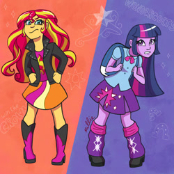 Size: 400x400 | Tagged: safe, artist:milliedubois, sunset shimmer, twilight sparkle, human, equestria girls, g4, boots, clothes, duo, high heel boots, jacket, shirt, shoes, skirt, vest