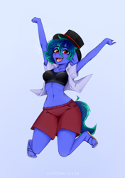 Size: 2056x2920 | Tagged: safe, artist:kutoshi, oc, oc only, oc:beth, anthro, plantigrade anthro, breasts, clothes, female, hair, hat, high res, jumping, looking at you, midriff, open clothes, open mouth, open shirt, open smile, sandals, shorts, smiling, solo