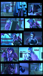 Size: 2160x3840 | Tagged: safe, artist:nightmarezoroark, twilight sparkle, oc, oc:midnight sparkle, anthro, comic:mlp nightmare rises, g4, 3d, clothes, comic, dialogue, dress, female, high res, hug, mother and child, mother and daughter, socks, source filmmaker, stockings, striped socks, sword, thigh highs, weapon