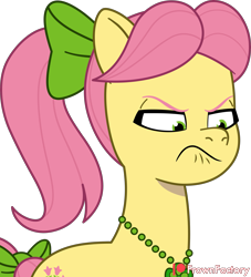 Size: 3637x4000 | Tagged: safe, artist:frownfactory, posey bloom, earth pony, pony, g5, my little pony: tell your tale, secret ad-mare-er, spoiler:g5, spoiler:my little pony: tell your tale, spoiler:tyts01e44, angry, bow, female, frown, hair bow, jewelry, mare, necklace, posey bloom is not amused, simple background, solo, tail, tail bow, transparent background, unamused, vector