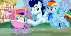 Size: 1980x1020 | Tagged: safe, artist:mlplary6, rainbow dash, soarin', oc, oc:blue skies, oc:speedy dash, pegasus, pony, g4, baby, baby carrier, baby pony, colt, daddy soarin', family, female, filly, flying, foal, happy, husband and wife, looking at each other, looking at someone, male, mare, momma dash, offspring, parent:rainbow dash, parent:soarin', parents:soarindash, pegasus oc, pushing, ship:soarindash, shipping, siblings, smiling, smiling at each other, stallion, straight, twins