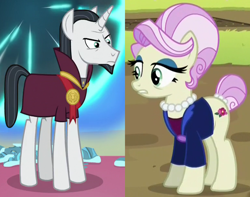 Size: 776x611 | Tagged: safe, edit, edited screencap, screencap, chancellor neighsay, rosetta, earth pony, pony, unicorn, brotherhooves social, g4, school daze, beehive hairdo, blazer, clothes, coat, crack shipping, cropped, eyeshadow, facial hair, female, goatee, jacket, jewelry, makeup, male, mare, medallion, necklace, neighsetta, pearl necklace, shipping, shirt, stallion, straight