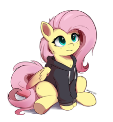 Size: 1200x1300 | Tagged: safe, artist:bugplayer, fluttershy, pegasus, pony, g4, black hoodie, blue eyes, clothes, cute, female, folded wings, hoodie, mare, shyabetes, signature, simple background, sitting, smiling, solo, white background, wings