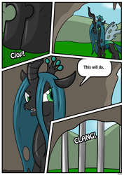 Size: 2480x3507 | Tagged: safe, artist:rex-equinox, part of a set, queen chrysalis, changeling, changeling queen, comic:crystal's imprisonment, g4, bars, comic, commission, high res, story included