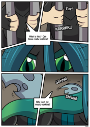 Size: 2480x3507 | Tagged: safe, artist:rex-equinox, part of a set, queen chrysalis, changeling, changeling queen, human, comic:crystal's imprisonment, g4, changeling to human, comic, commission, dialogue, hand, high res, shrinking, speech bubble, transformation, transformation sequence