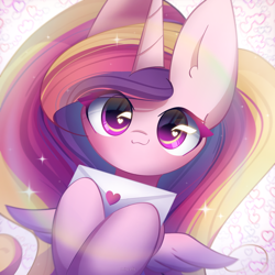 Size: 2100x2100 | Tagged: safe, artist:miryelis, princess cadance, alicorn, pony, g4, big ears, big eyes, colored wings, cute, cutedance, female, gradient mane, gradient wings, heart, heart eyes, high res, horn, impossibly large ears, letter, long hair, looking at you, mare, signature, smiling, smiling at you, solo, spread wings, wingding eyes, wings