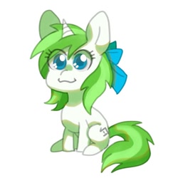 Size: 750x750 | Tagged: artist needed, safe, oc, oc only, oc:minty root, pony, unicorn, bow, cute, hair bow, horn, simple background, solo, unicorn oc, white background