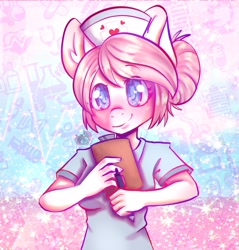 Size: 1957x2048 | Tagged: safe, alternate version, artist:ghost_towne_, nurse redheart, earth pony, anthro, g4, blue eyes, clipboard, cute, female, hat, heartabetes, looking at you, nurse hat, pen, solo